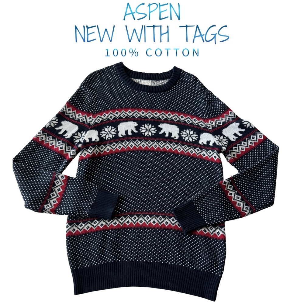 Aspen Men’s Polar Bear Holiday‎ Sweater NWT 100% Cotton Navy Fair Isle Knit